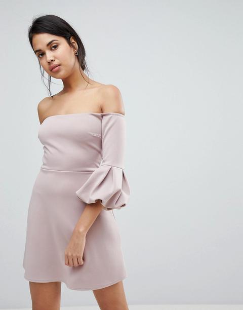 Asos - Vestito Stile Bardot Con Maniche A Palloncino E Spalle Scoperte - Rosa