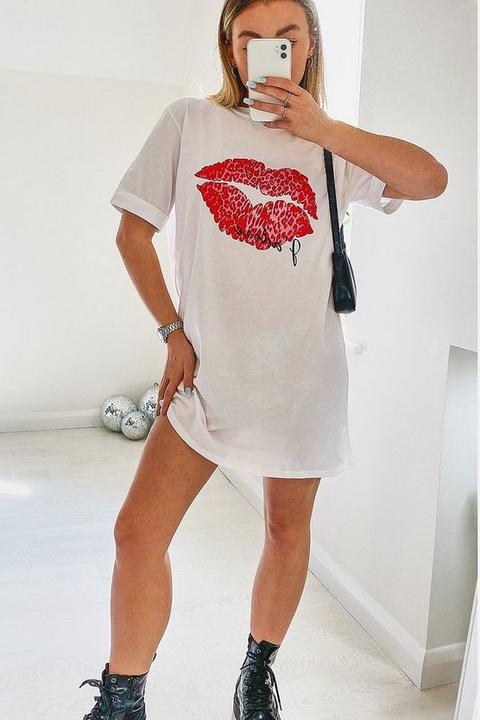 Womens J'adore Lips T-shirt Dress - White - 8, White