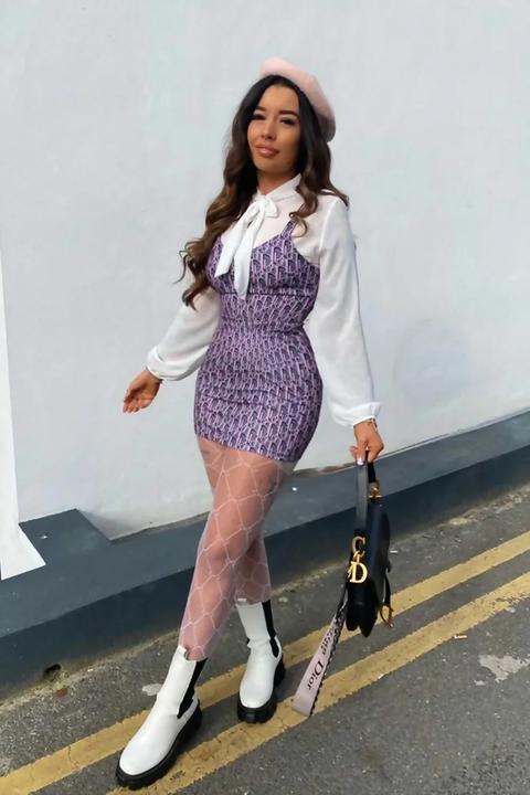Pink Printed Pinafore Blouse Mini Bodycon Dress