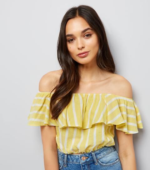 Yellow Stripe Bardot Neck Crop Top