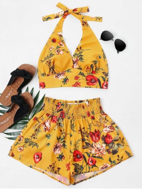 Imprimir Halter Top Y Shorts Set Bee Yellow White Black