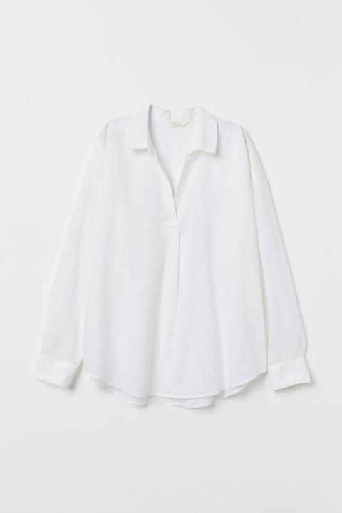 H & M - V-neck Linen-blend Shirt - White