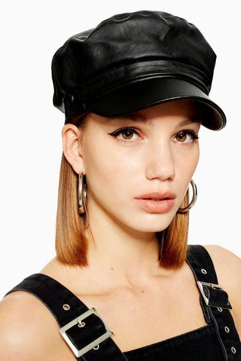 Womens Pu Baker Boy Hat - Black, Black