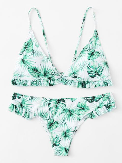 Conjunto De Bikini Estampado Con Detalle De Volantes