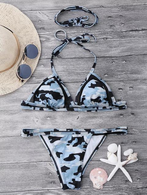 Mesh Insert Camo Bikini Set With Choker