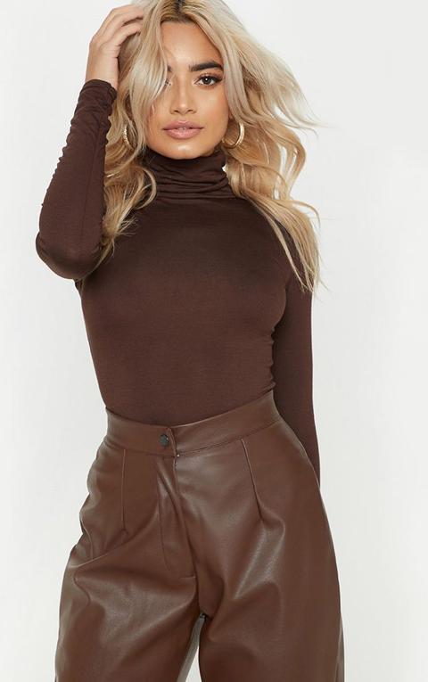 Petite Chocolate Brown Basic Roll Neck Long Sleeve Bodysuit