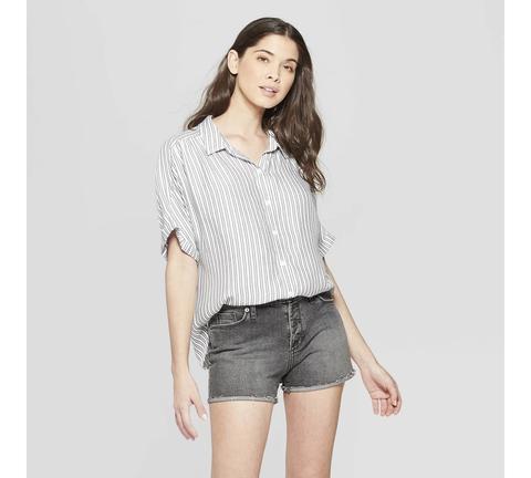 Women's Striped Short Sleeve Collared Camp Shirt - Universal Thread™ Black/white