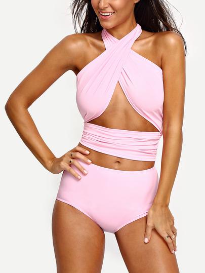 Bikini Set Wrap Halter Incrociato Con Cintura Alta Rosa