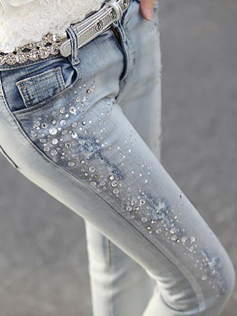 Jeans Lunghi Pianura Tasche Bottoni Di Strass Azzurro
