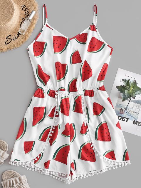 Zaful Watermelon Pom Pom Pagliaccetto A Tulipano Multi