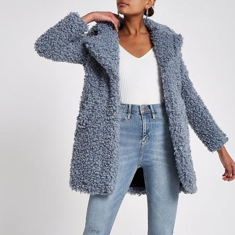Blue Shearling Faux Fur Longline Coat from River Island on 21 Buttons