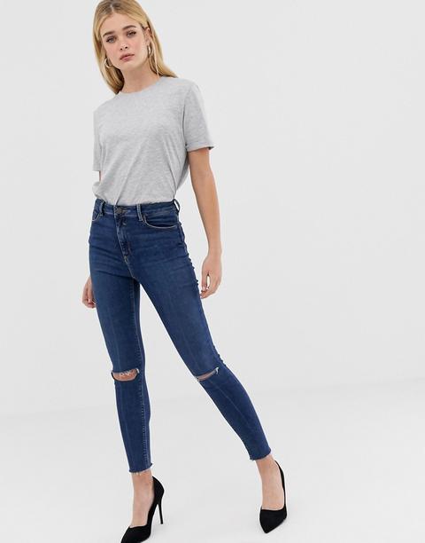 Asos Design - Ridley - Jeans Vita Alta Skinny Blu Lavaggio Scuro Con Strappi Alle Ginocchia - Blu