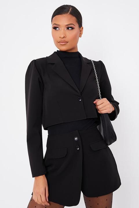 Black Cropped Blazer With Puff Sleeve