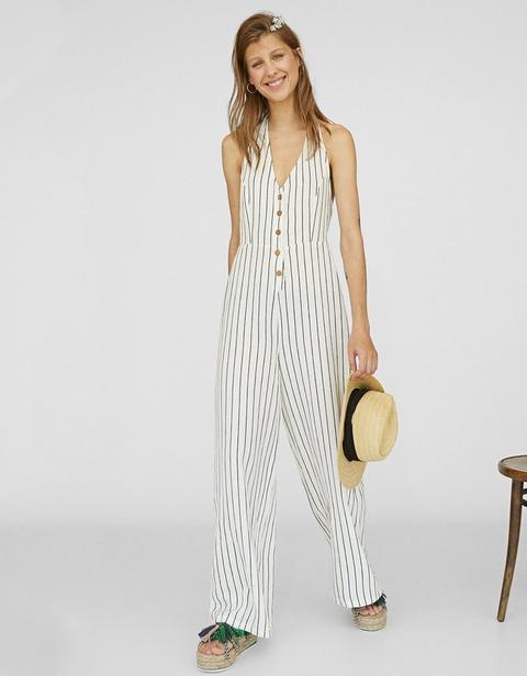 Long Striped Jumpsuit In Ecru