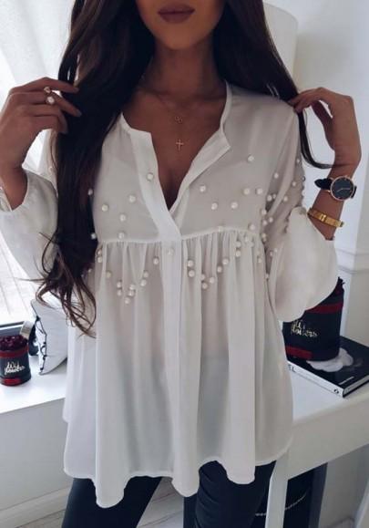 Blusa Rebordear Gasa Casuales V-cuello Plisada Blanco