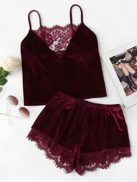 Lace Trim Velvet Cami & Shorts Pj Set