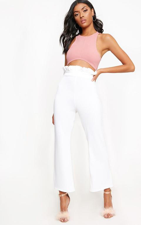 White Paperbag Waist Kick Flare Trousers