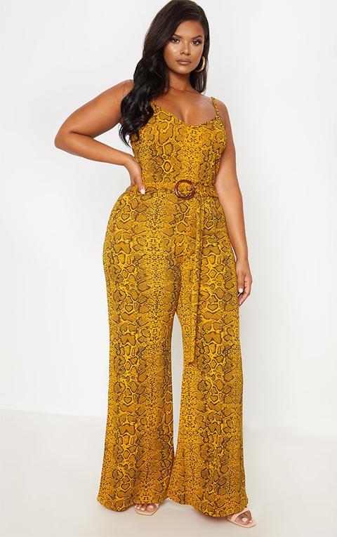 Plus Mustard Snake Print Tortoise Shell Belt Jumpsuit