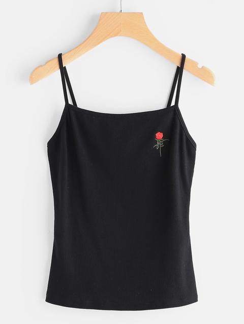 Flower Embroidered Rib Knit Cami Top