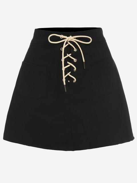 Black Lace-up Fly Dual Pocket Raw Hem Skirt