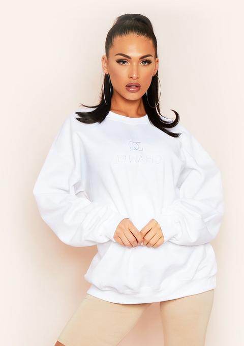 Mindy White Fashion Embroidered Slogan Oversized Sweatshirt