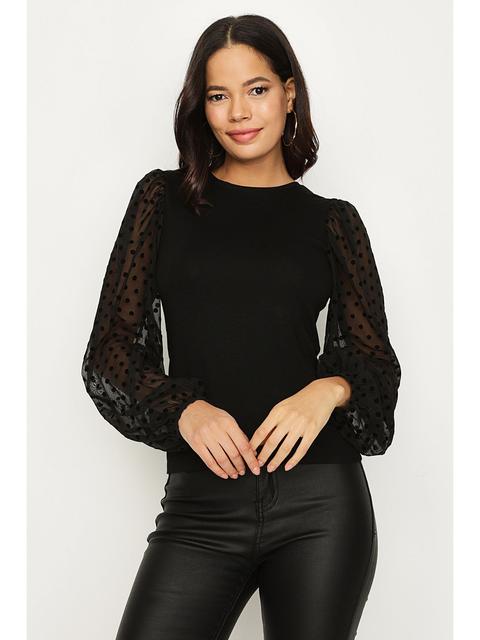 Black Polka Dot Mesh Sleeve Top