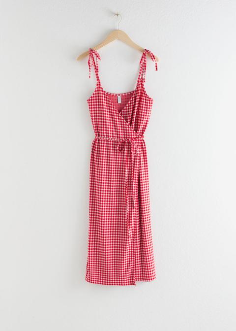 Tie Shoulder Gingham Midi Dress - Red