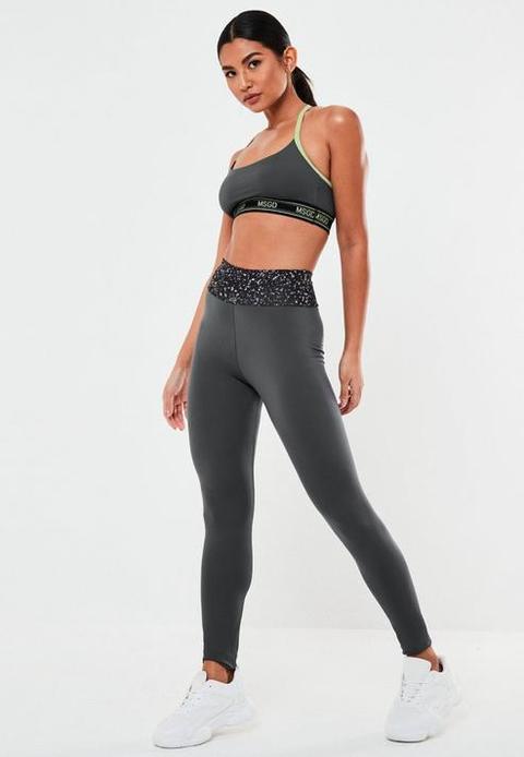 Grey Splatter Print Waistband High Waisted Gym Leggings, Grey