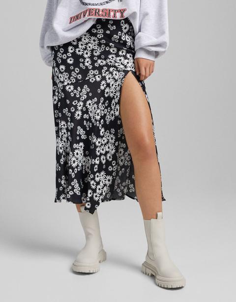 Satin Printed Midi Skirt With Ring Detail