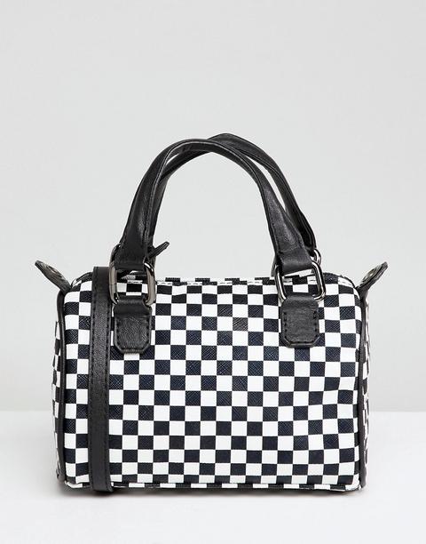 Asos Design Mini Checkerboard Bowler Bag In Mono - White