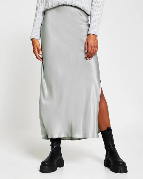 Silver Satin Split Side Maxi Skirt