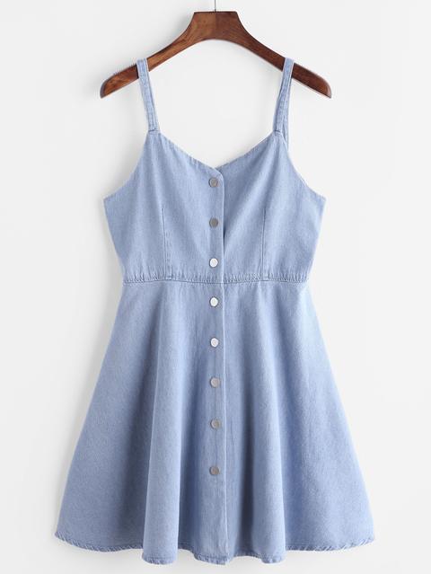 Blue Single Breasted Slip Denim Dress