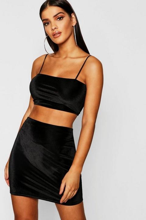 Womens Velvet Strappy Crop + Mini Skirt Co-ord - Black - 10, Black