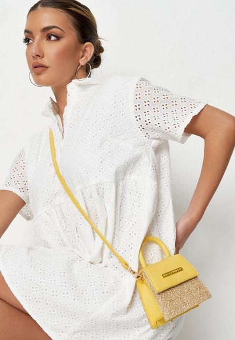 Yellow Straw Faux Leather Panel Branded Top Handle Mini Bag, Yellow