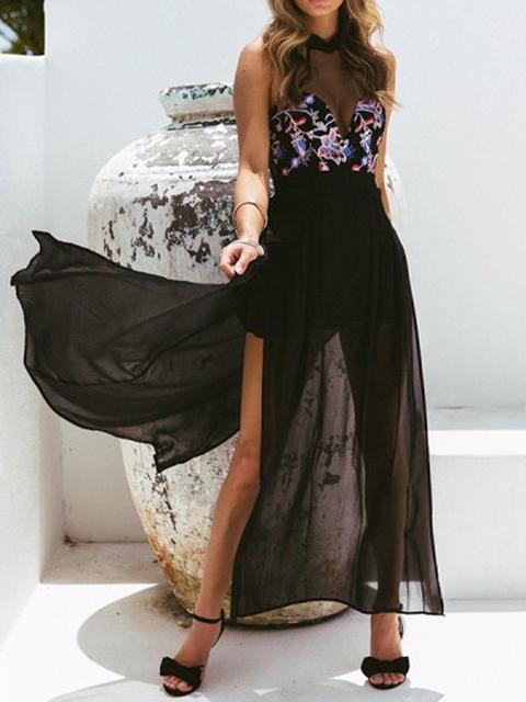 Maxi Dress Scollo All'americana A Taglio Di Granatina Nero