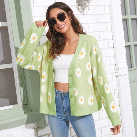 Button Front Daisy Floral Pattern Cardigan