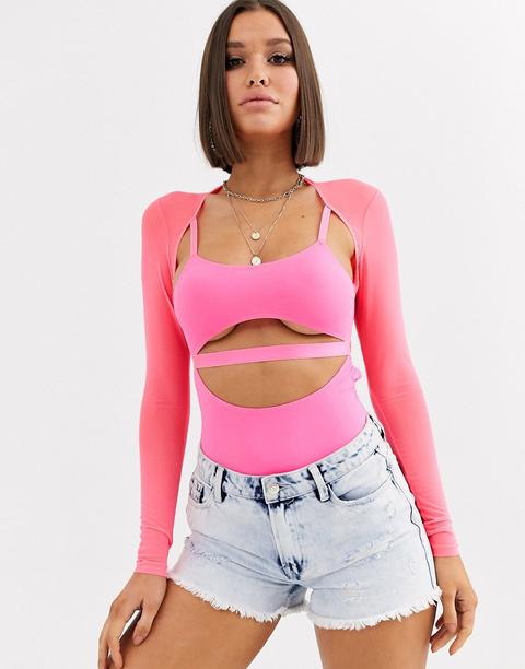 Asos Design Louanna Long Sleeve Mesh Cut Out Strappy Bodysuit-pink