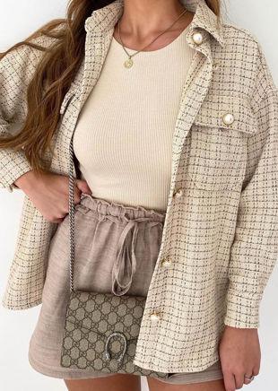 Oversized Tweed Plaid Shacket Shirt Jacket Beige