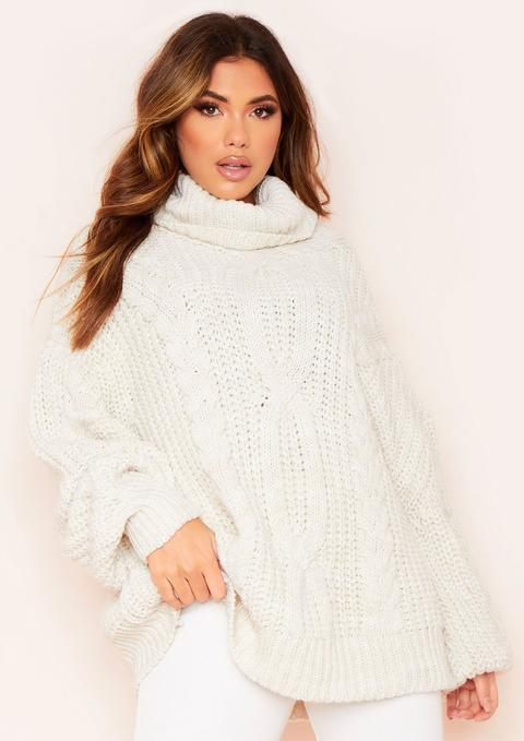 Francesca Beige Cable Knit Roll Neck Oversized Jumper