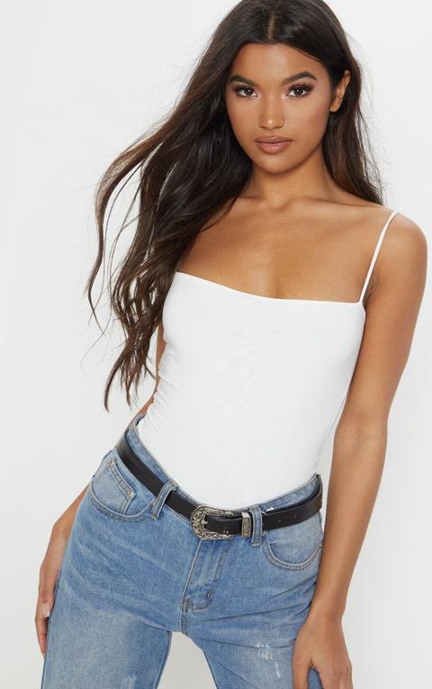 White Slinky Square Neck Spaghetti Strap Bodysuit