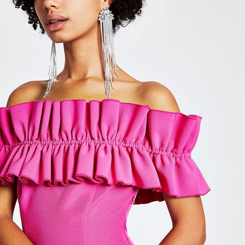 pink ruffle bardot dress