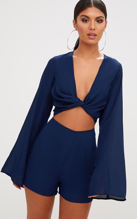 Navy Bell Sleeve Playsuit, Blue