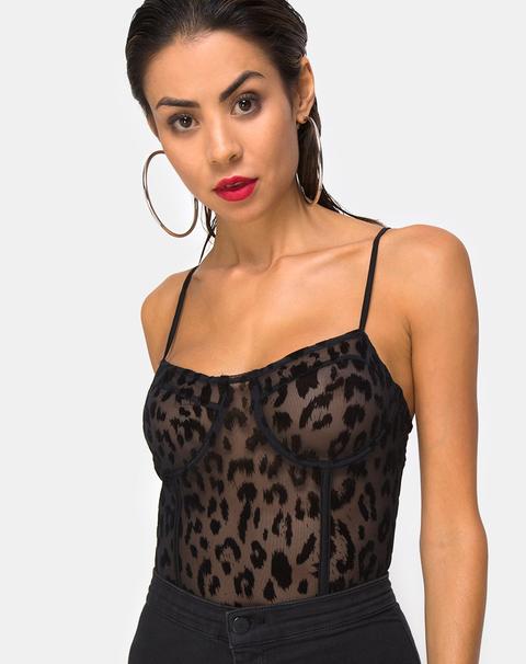 Yecal Sheer Bodice In Animal Black Net By Motel