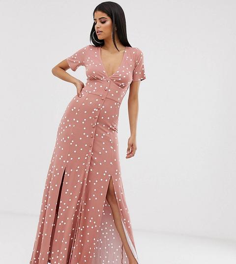 Asos Design Tall - Robe Longue Boutonnée Avec Fentes Et Imprimé À Pois