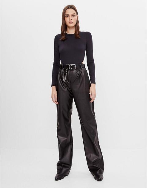 Bershka Faux Leather Wide Leg Trousers In Black from ASOS on 21 Buttons