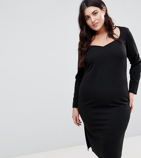 Asos Curve - Vestito Midi A Tubino Con Scollo A V E Maniche Lunghe - Nero