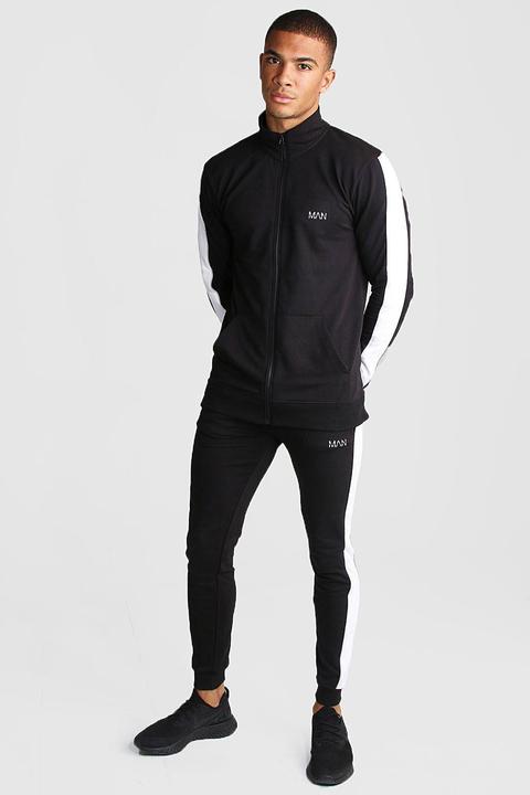 Mens Black Man Active Skinny Fit Reflective Detail Tracksuit, Black