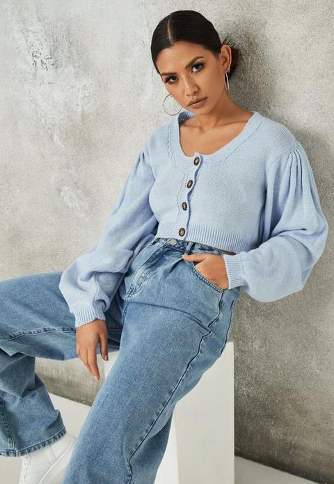 Blue Basic Puff Sleeve Cropped Knit Cardigan, Blue