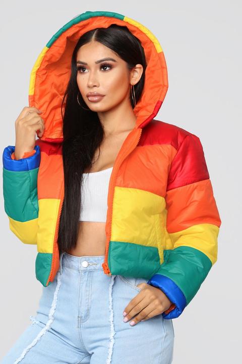 Rainbow puffer jacket 2025 fashion nova