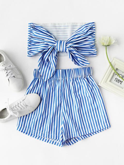 Stripe Bow Tie Back Strapless Crop Top With Shorts